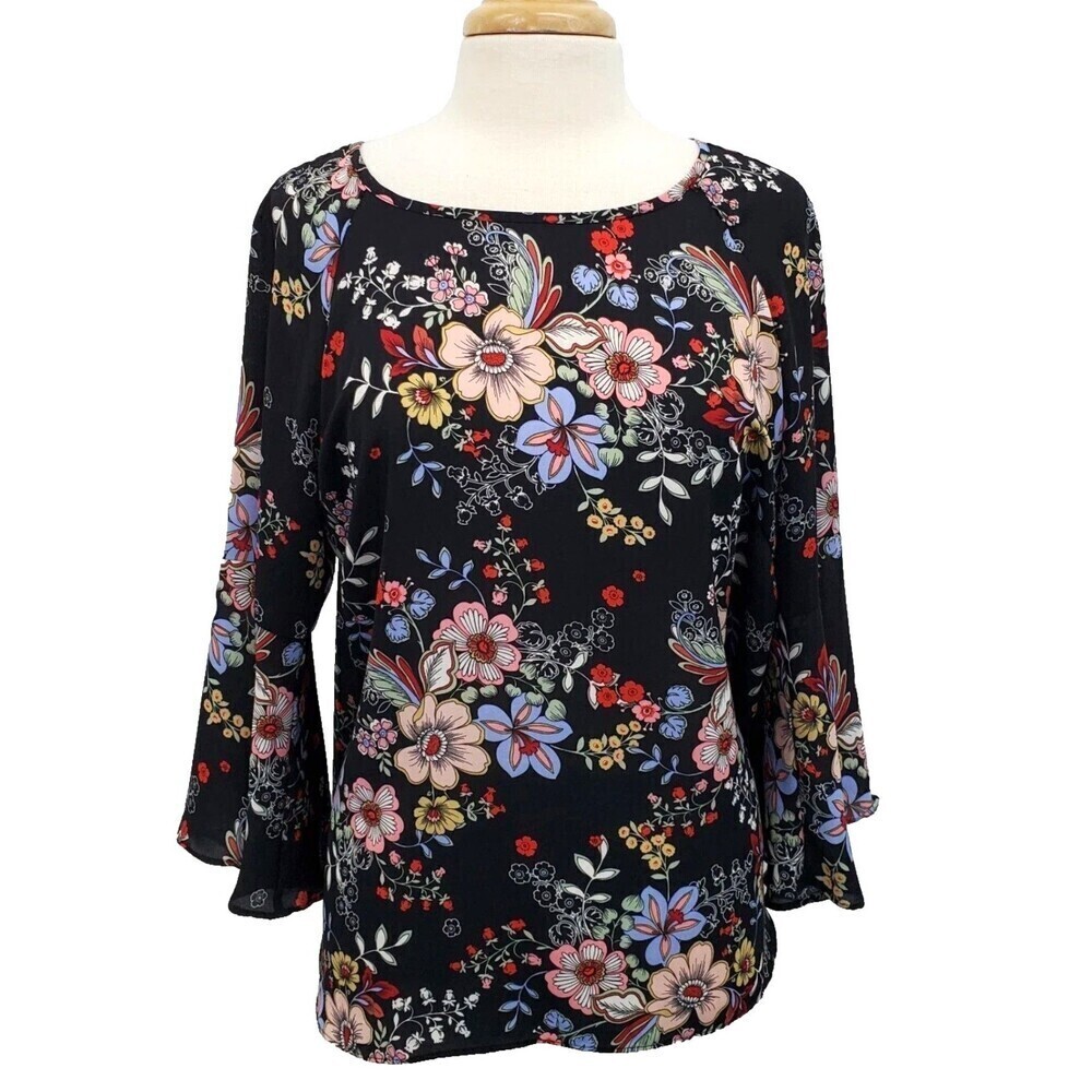 Zac & Rachel Womens Black Floral Round Neck Bell Sleeve Sheer Blouse PL 1140U4 - Picture 1 of 12